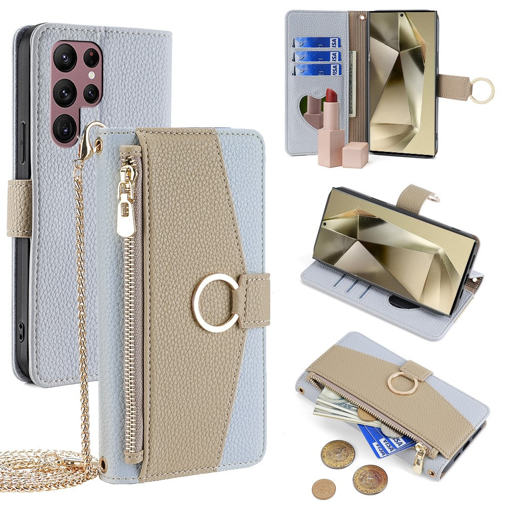 Galaxy S24 Ultra Wallet-Hülle – Litschi-Textur, mit Spiegel & Kettenschultergurt
