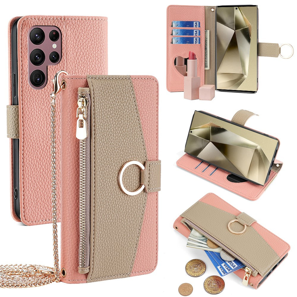 Galaxy S24 Ultra Wallet-Hülle – Litschi-Textur, mit Spiegel & Kettenschultergurt