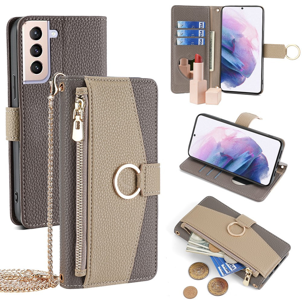Galaxy S21 Plus 5G Wallet-Hülle – Litschi-Textur, mit Spiegel & Kettenschultergurt
