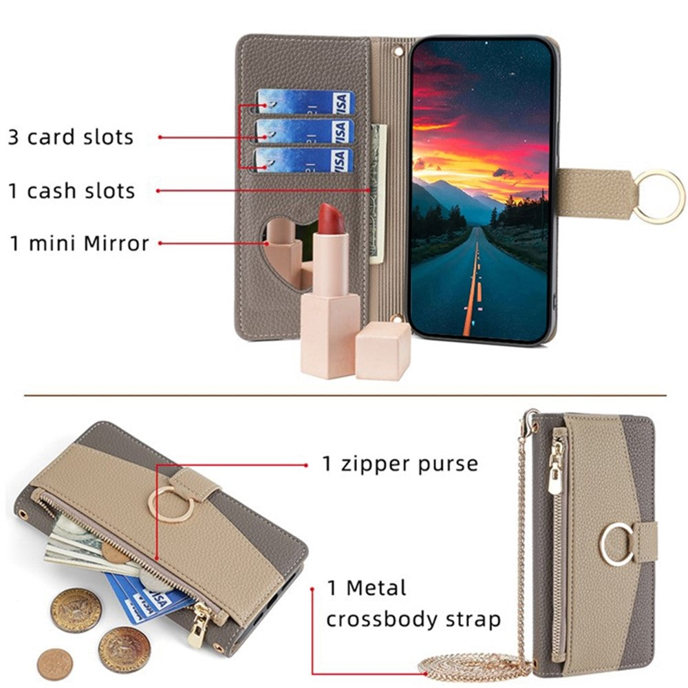 Galaxy S21 Plus 5G Wallet-Hülle – Litschi-Textur, mit Spiegel & Kettenschultergurt