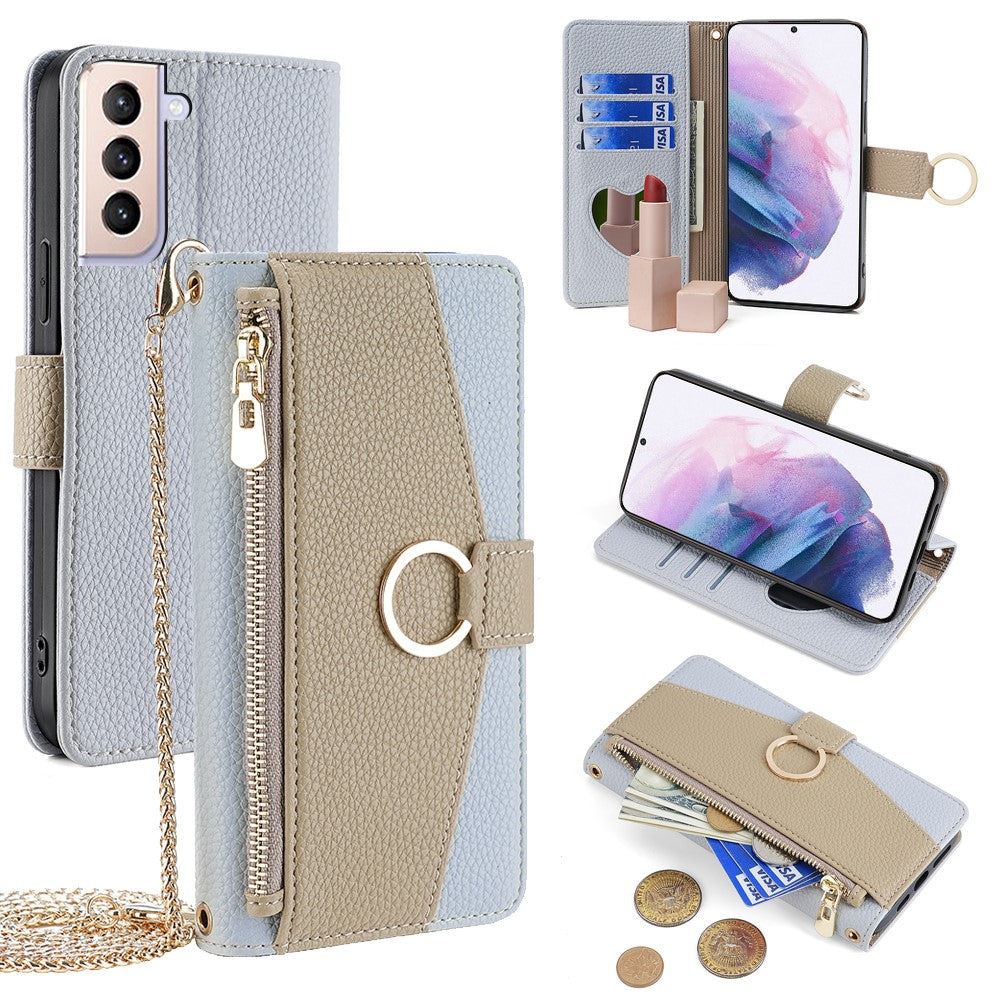 Galaxy S21 Plus 5G Wallet-Hülle – Litschi-Textur, mit Spiegel & Kettenschultergurt