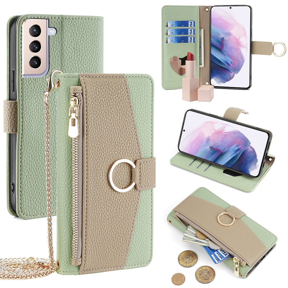 Galaxy S21 Plus 5G Wallet-Hülle – Litschi-Textur, mit Spiegel & Kettenschultergurt