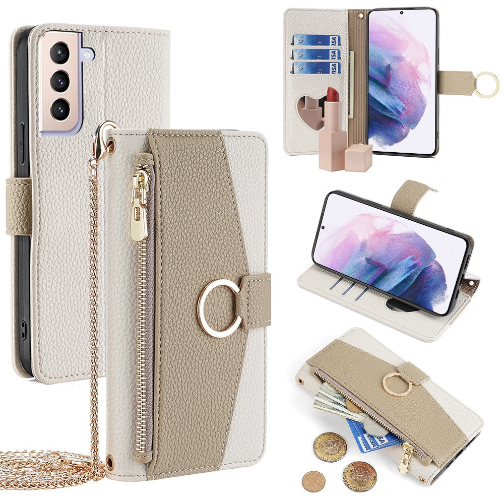 Galaxy S21 Plus 5G Wallet-Hülle – Litschi-Textur, mit Spiegel & Kettenschultergurt