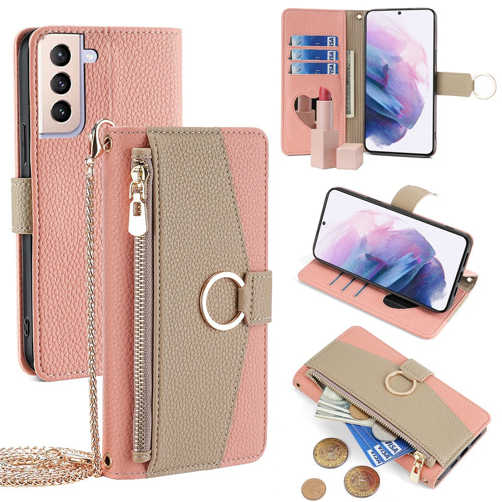 Galaxy S21 Plus 5G Wallet-Hülle – Litschi-Textur, mit Spiegel & Kettenschultergurt