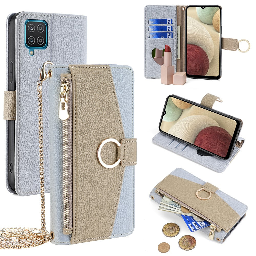 Galaxy A12 Wallet-Hülle – Litschi-Textur, mit Spiegel & Kettenschultergurt