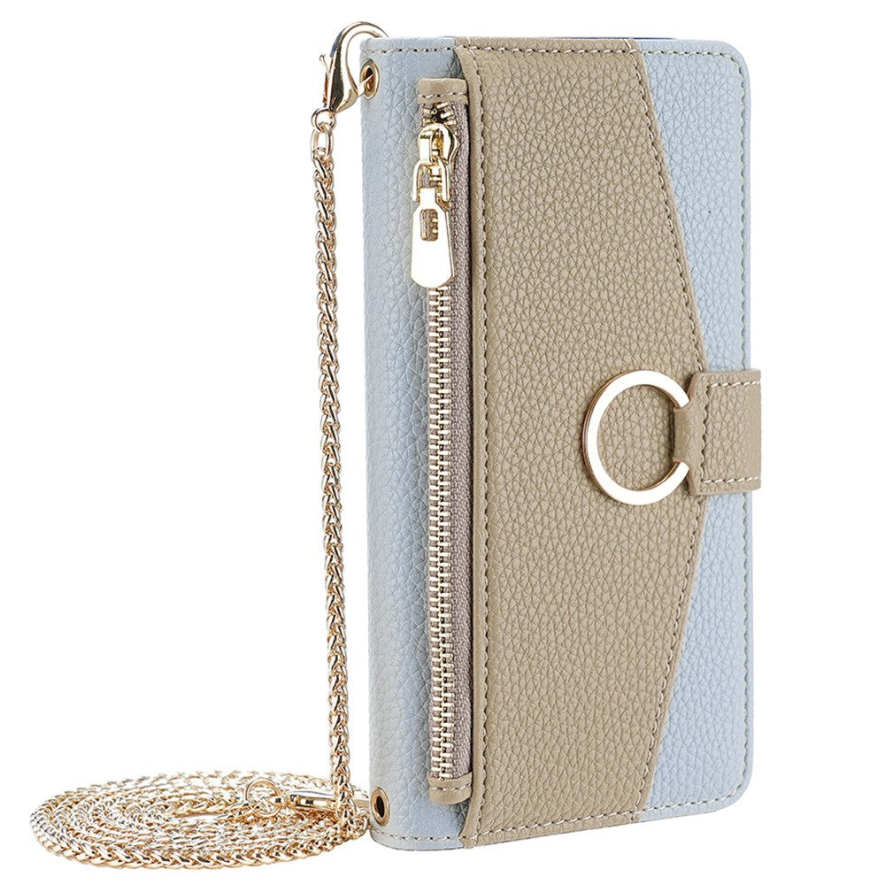Galaxy A12 Wallet-Hülle – Litschi-Textur, mit Spiegel & Kettenschultergurt