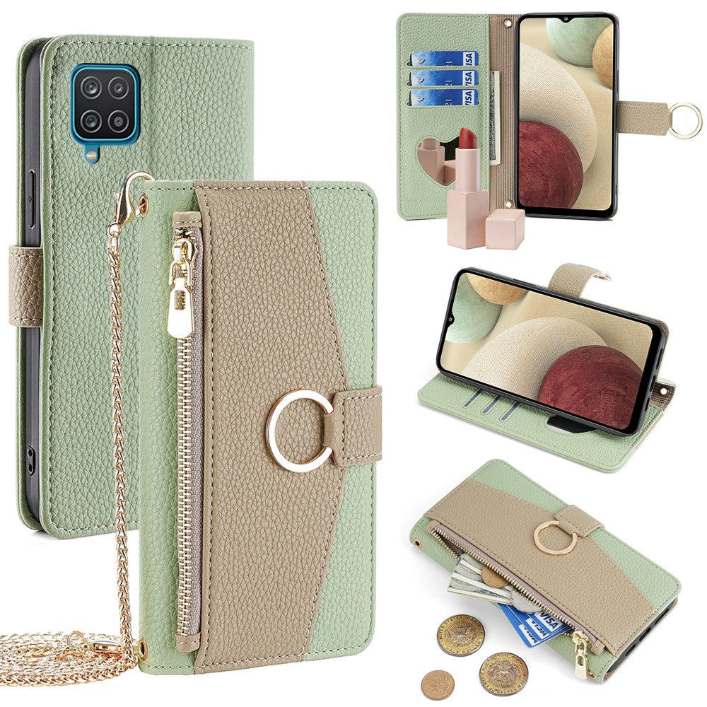 Galaxy A12 Wallet-Hülle – Litschi-Textur, mit Spiegel & Kettenschultergurt
