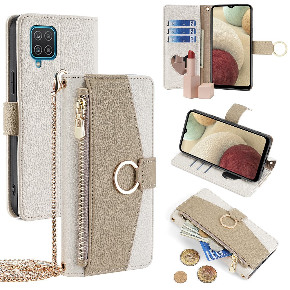 Galaxy A12 Wallet-Hülle – Litschi-Textur, mit Spiegel & Kettenschultergurt