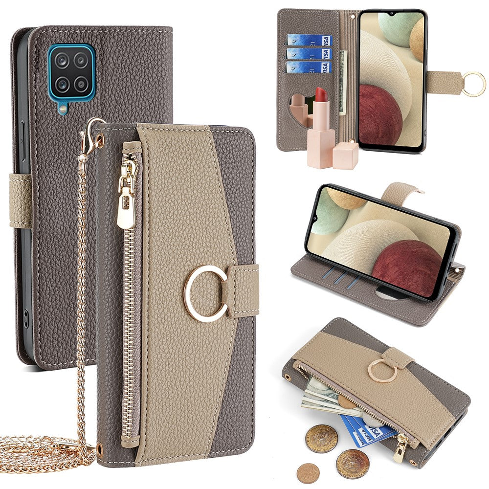Galaxy A12 Wallet-Hülle – Litschi-Textur, mit Spiegel & Kettenschultergurt
