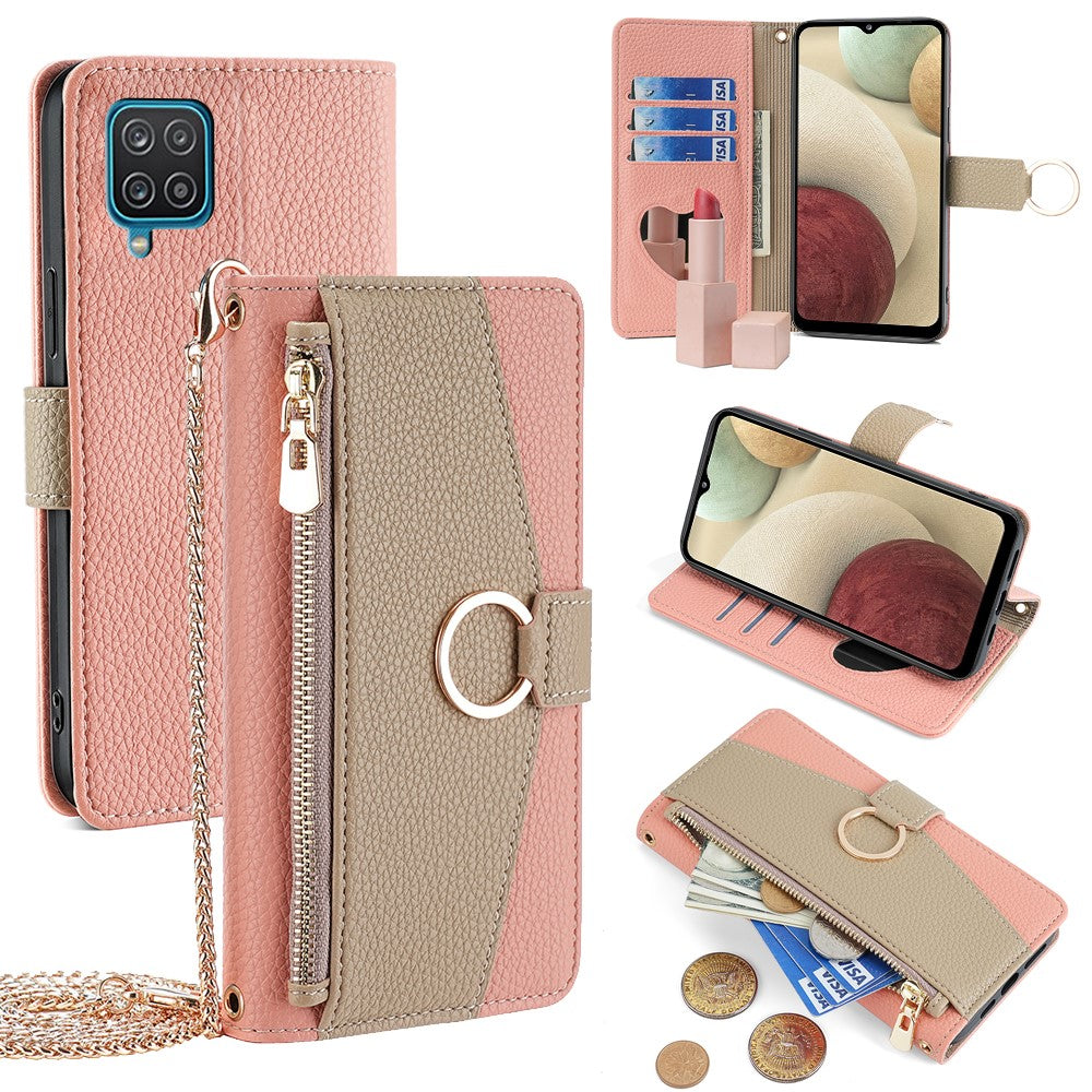 Galaxy A12 Wallet-Hülle – Litschi-Textur, mit Spiegel & Kettenschultergurt