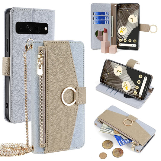 Pixel 7 Pro 5G Wallet-Hülle – Litschi-Textur, mit Spiegel & Kettenschultergurt