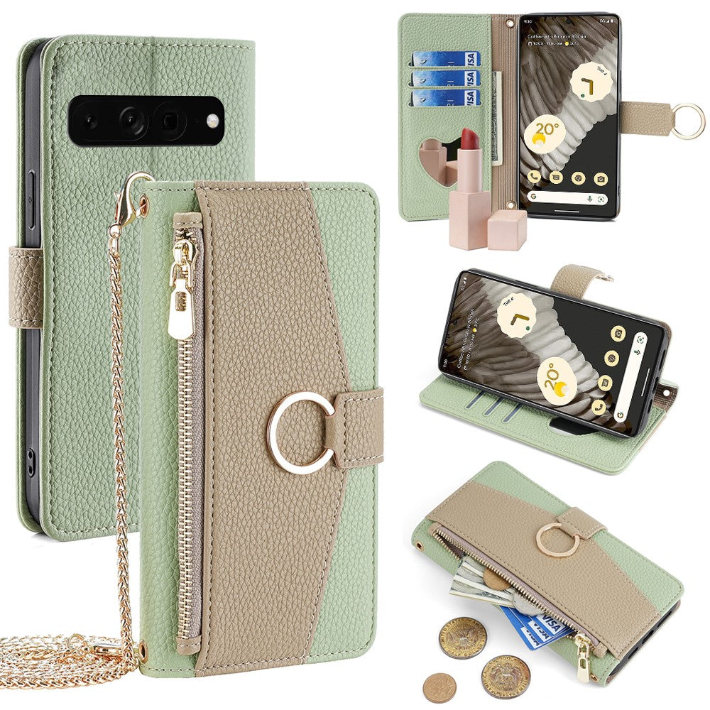 Pixel 7 Pro 5G Wallet-Hülle – Litschi-Textur, mit Spiegel & Kettenschultergurt