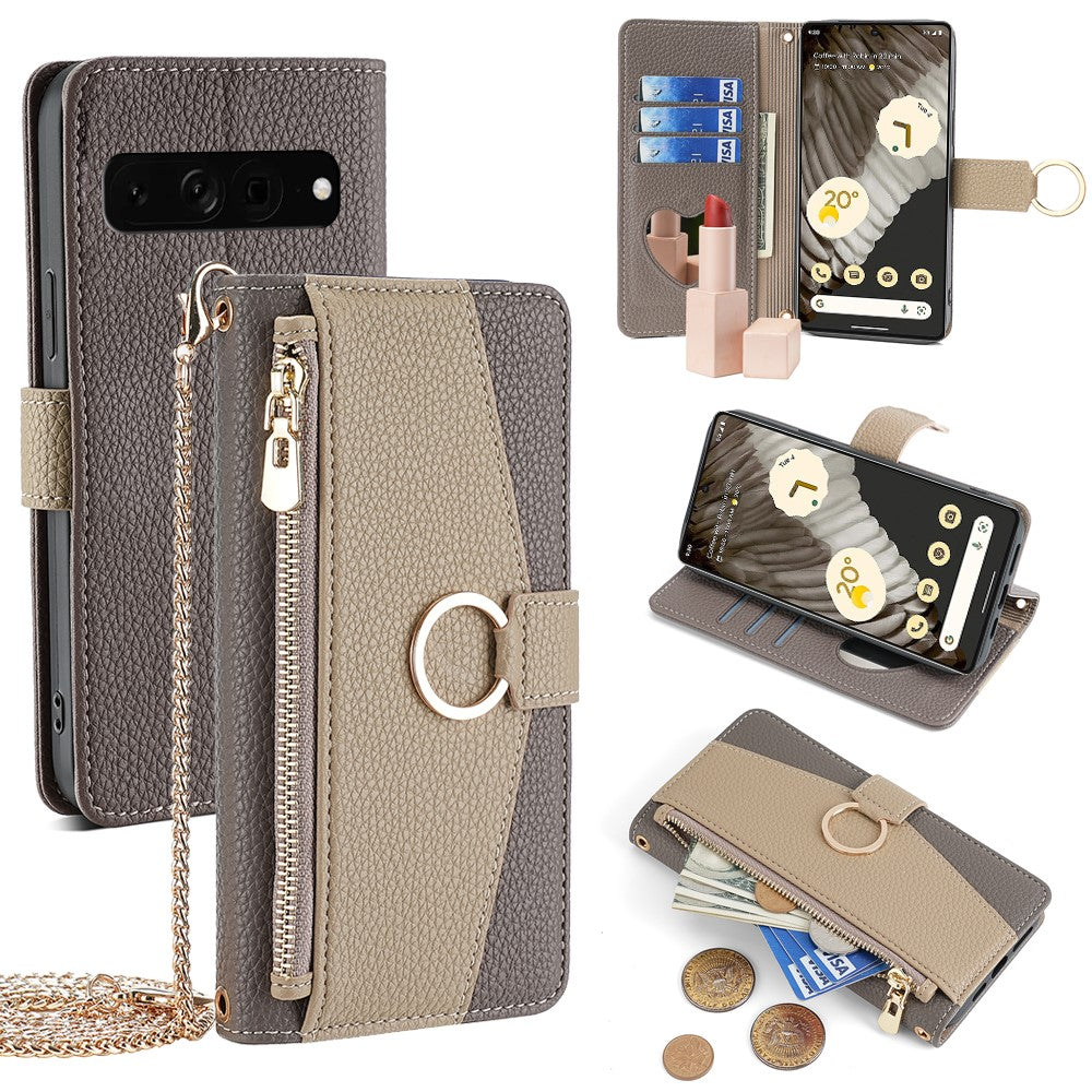 Pixel 7 Pro 5G Wallet-Hülle – Litschi-Textur, mit Spiegel & Kettenschultergurt