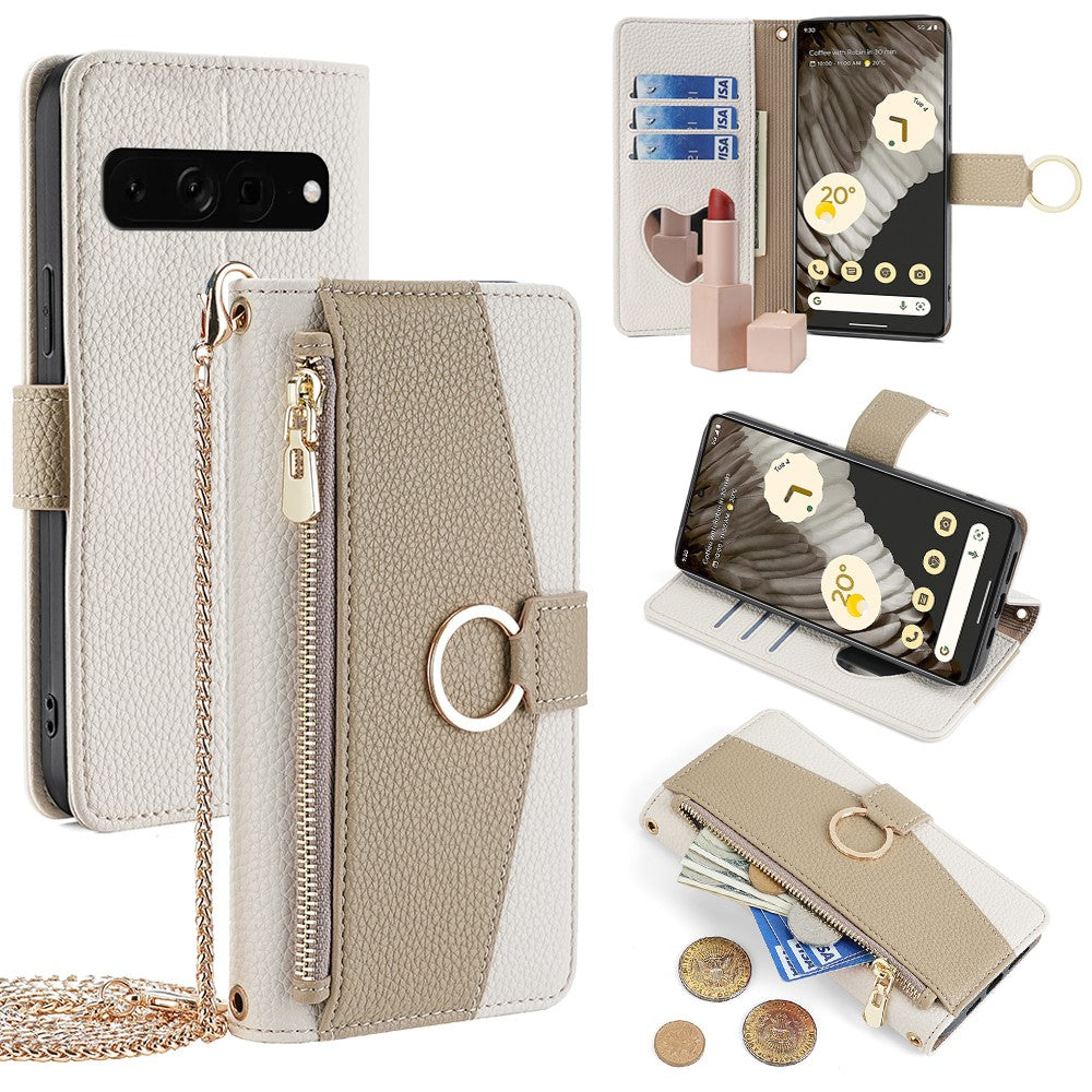 Pixel 7 Pro 5G Wallet-Hülle – Litschi-Textur, mit Spiegel & Kettenschultergurt