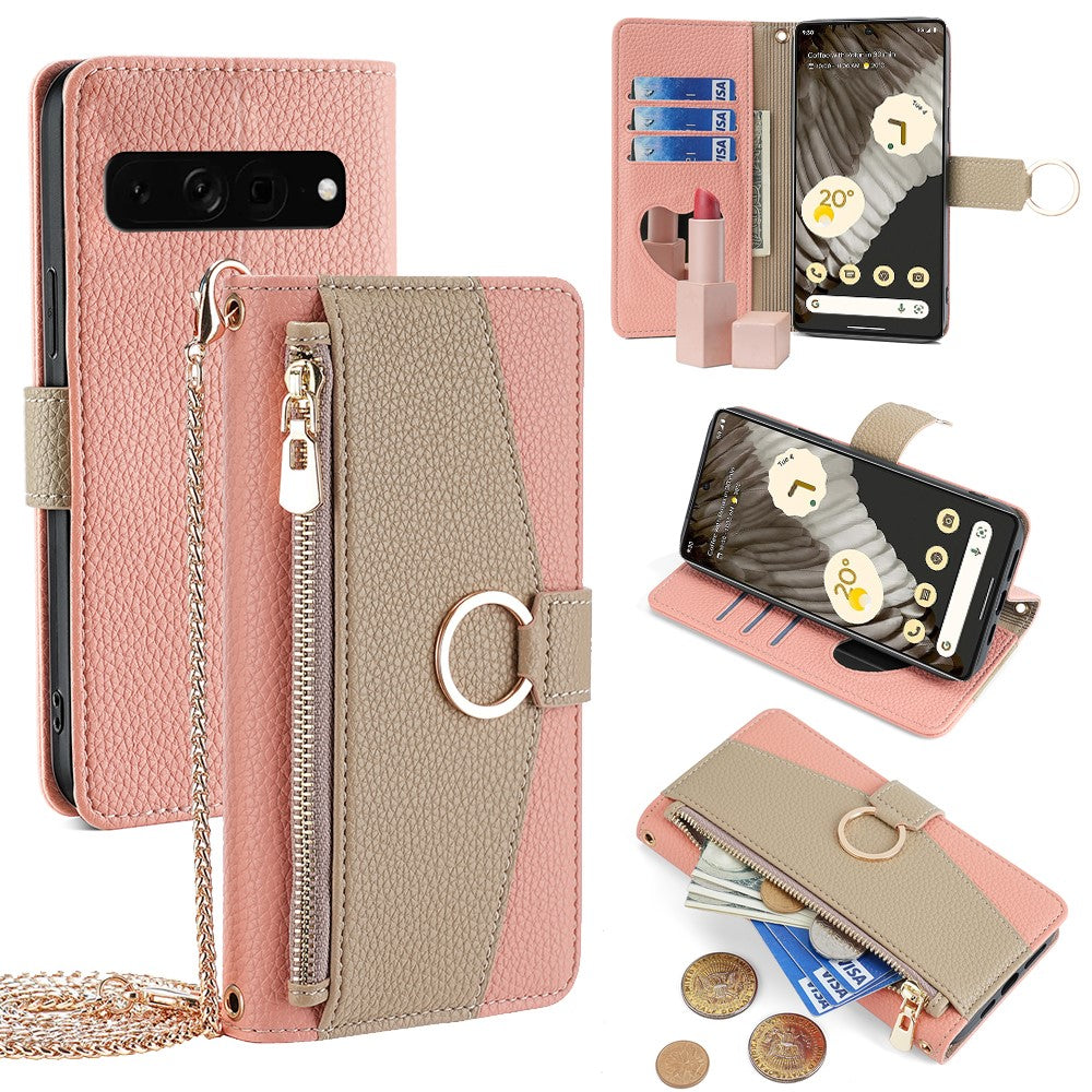 Pixel 7 Pro 5G Wallet-Hülle – Litschi-Textur, mit Spiegel & Kettenschultergurt