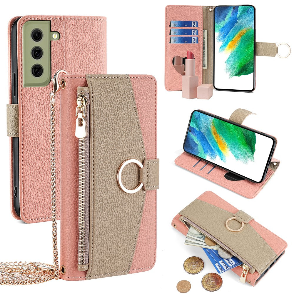 Galaxy S21 FE 5G Wallet-Hülle – Litschi-Textur, mit Spiegel & Kettenschultergurt