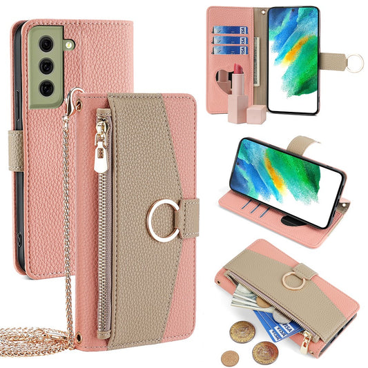Galaxy S21 FE 5G Wallet-Hülle – Litschi-Textur, mit Spiegel & Kettenschultergurt