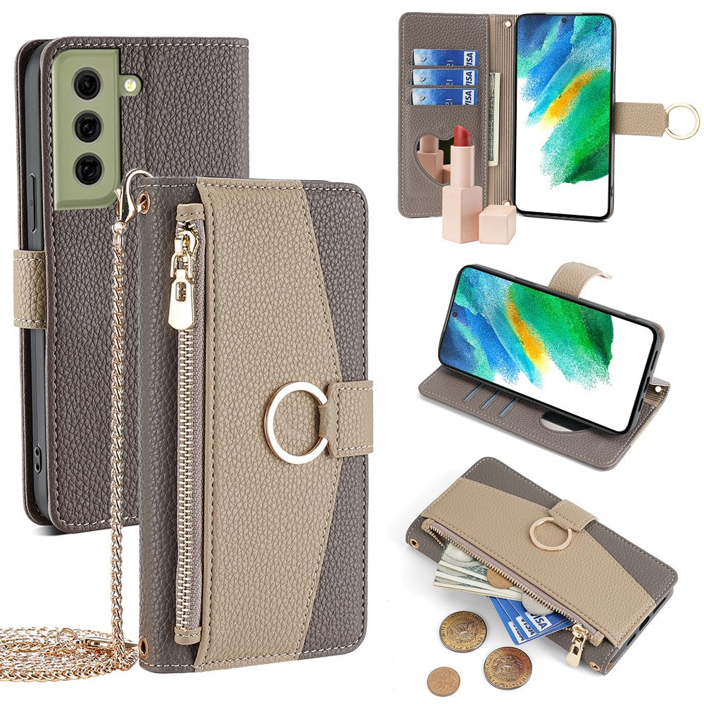 Galaxy S21 FE 5G Wallet-Hülle – Litschi-Textur, mit Spiegel & Kettenschultergurt