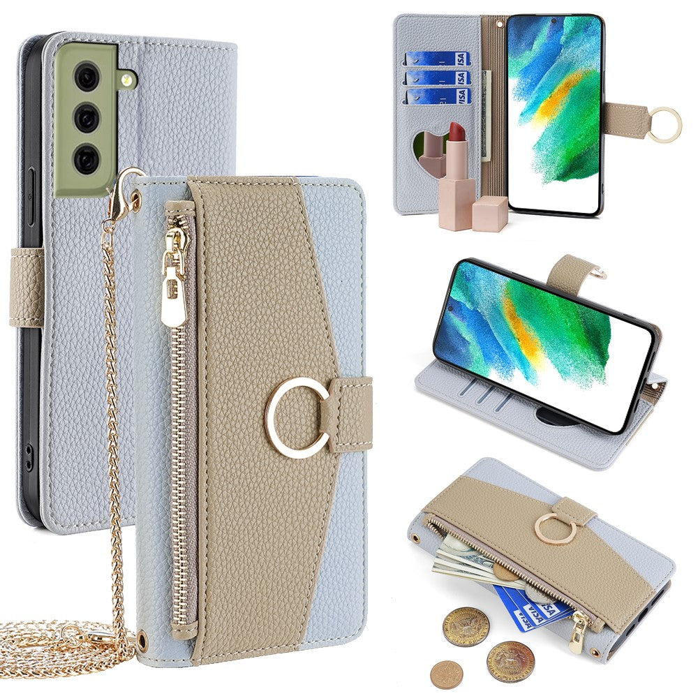 Galaxy S21 FE 5G Wallet-Hülle – Litschi-Textur, mit Spiegel & Kettenschultergurt