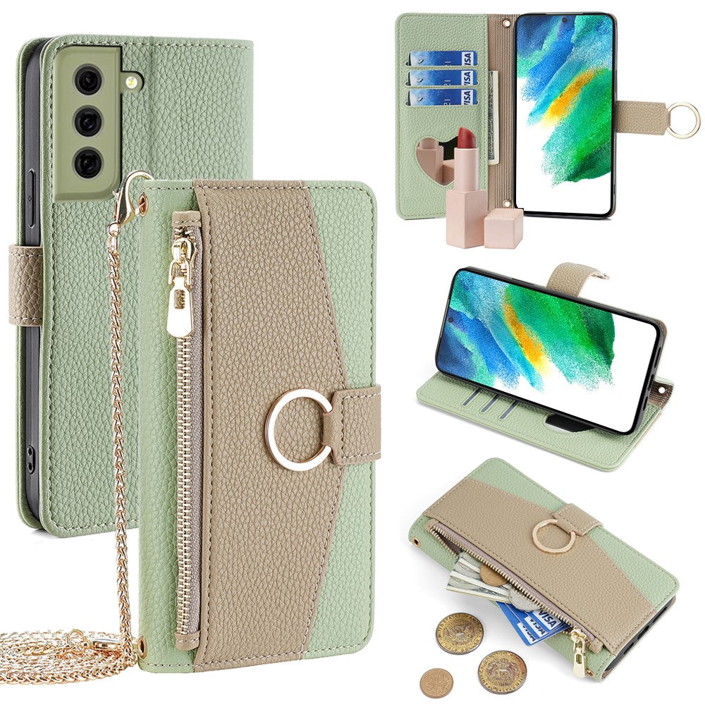 Galaxy S21 FE 5G Wallet-Hülle – Litschi-Textur, mit Spiegel & Kettenschultergurt