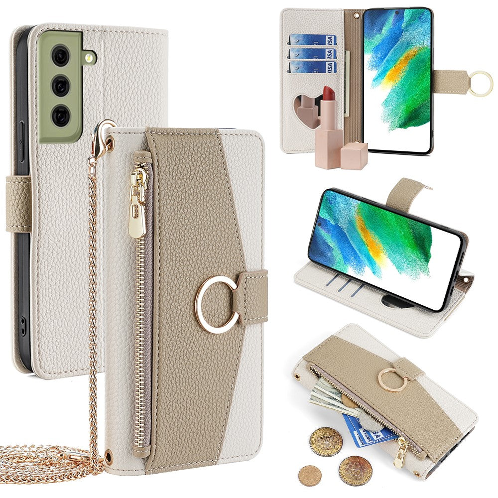 Galaxy S21 FE 5G Wallet-Hülle – Litschi-Textur, mit Spiegel & Kettenschultergurt