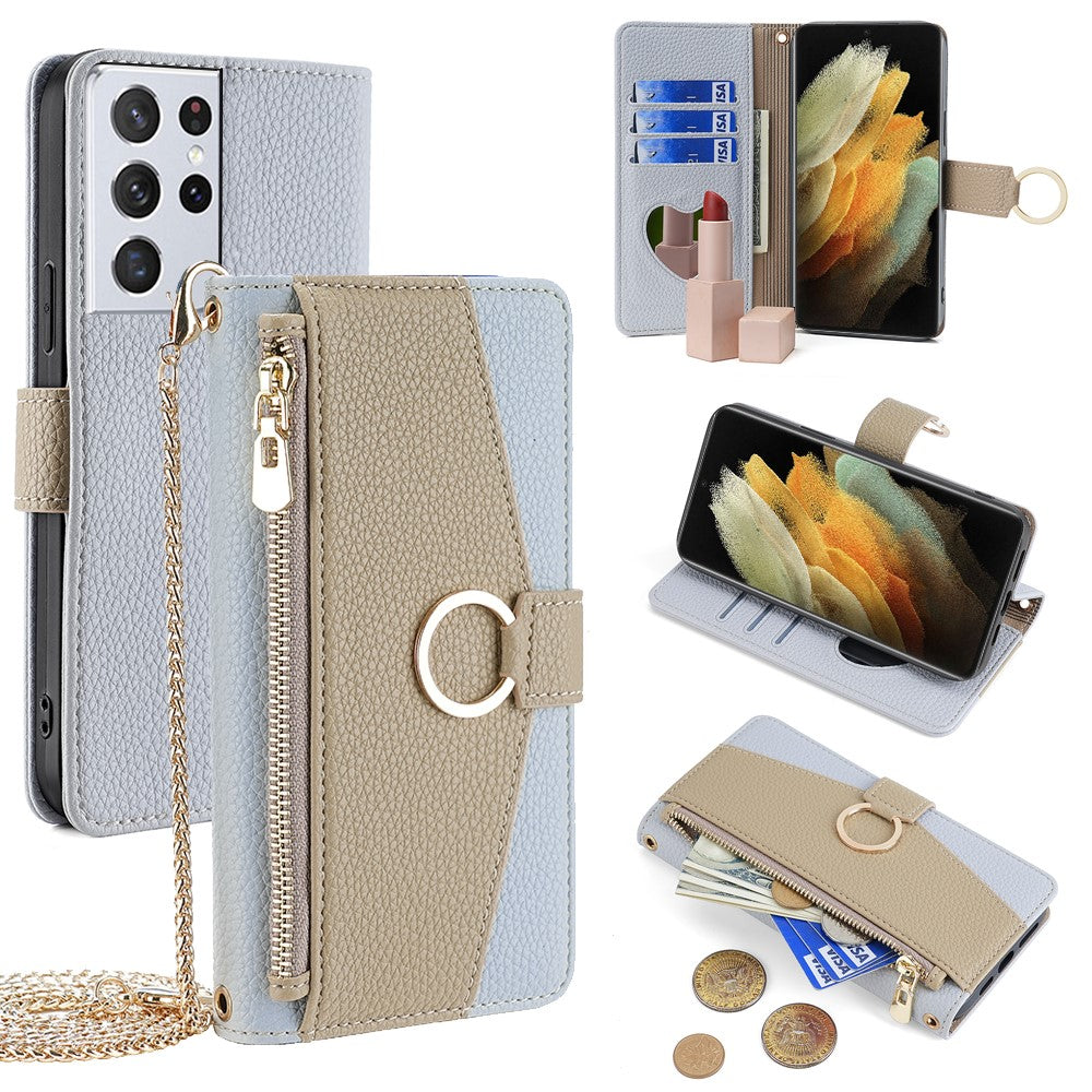 Galaxy S21 Ultra 5G Wallet-Hülle – Litschi-Textur, mit Spiegel & Kettenschultergurt