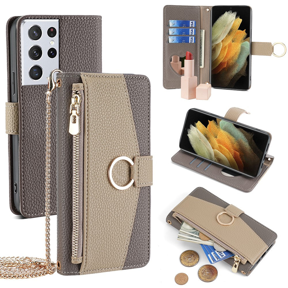 Galaxy S21 Ultra 5G Wallet-Hülle – Litschi-Textur, mit Spiegel & Kettenschultergurt