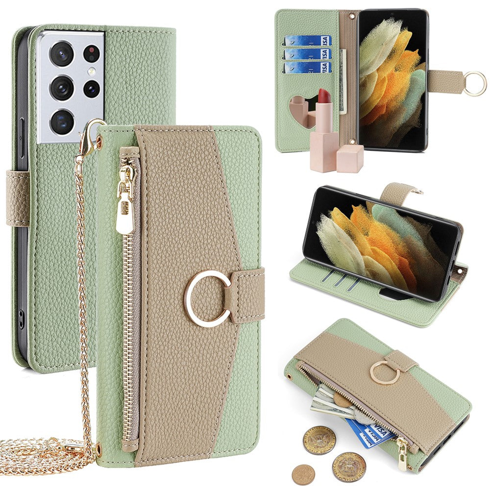 Galaxy S21 Ultra 5G Wallet-Hülle – Litschi-Textur, mit Spiegel & Kettenschultergurt