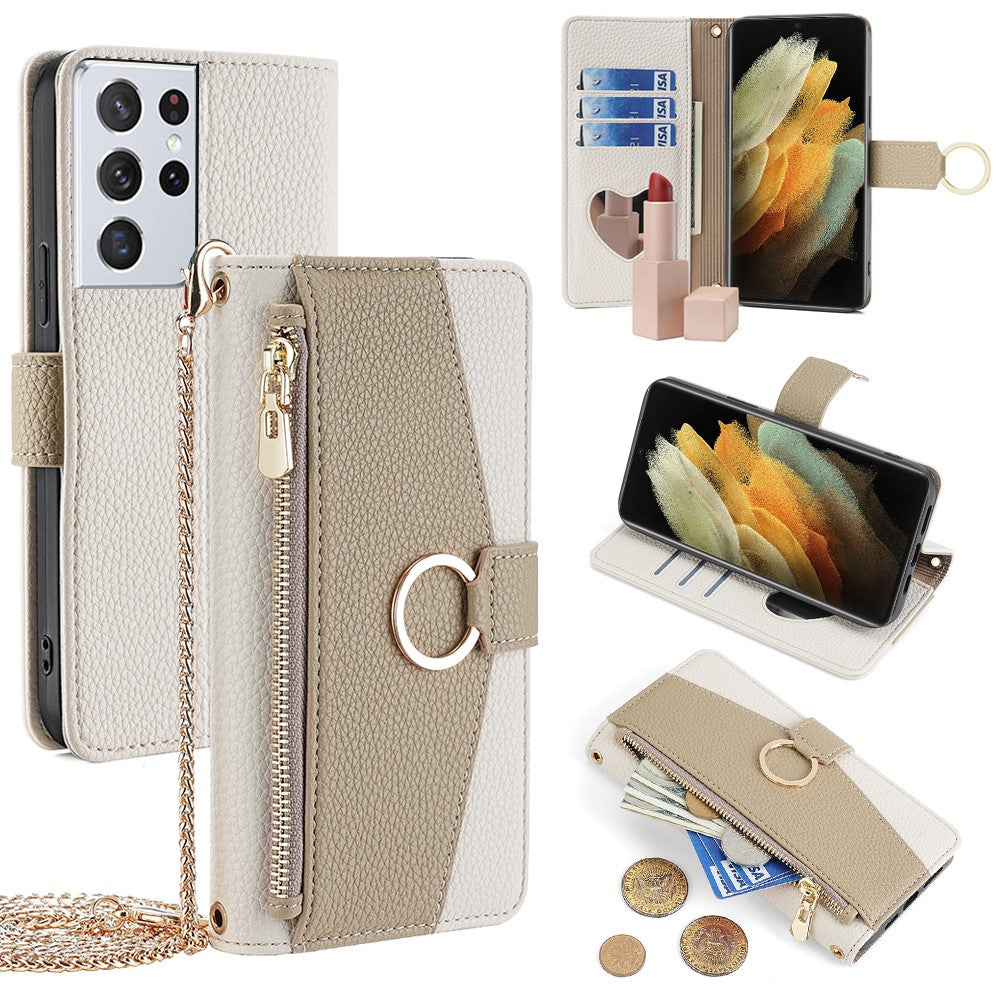 Galaxy S21 Ultra 5G Wallet-Hülle – Litschi-Textur, mit Spiegel & Kettenschultergurt