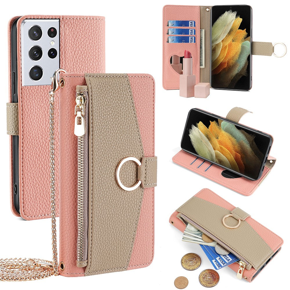 Galaxy S21 Ultra 5G Wallet-Hülle – Litschi-Textur, mit Spiegel & Kettenschultergurt