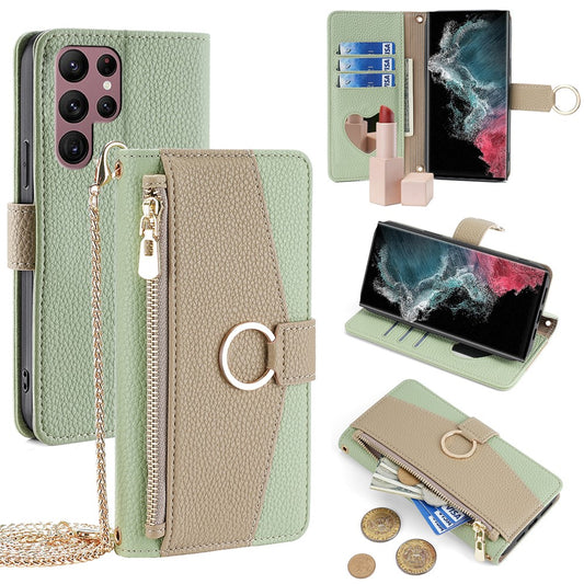Galaxy S22 Ultra 5G Wallet-Hülle – Litschi-Textur, mit Spiegel & Kettenschultergurt