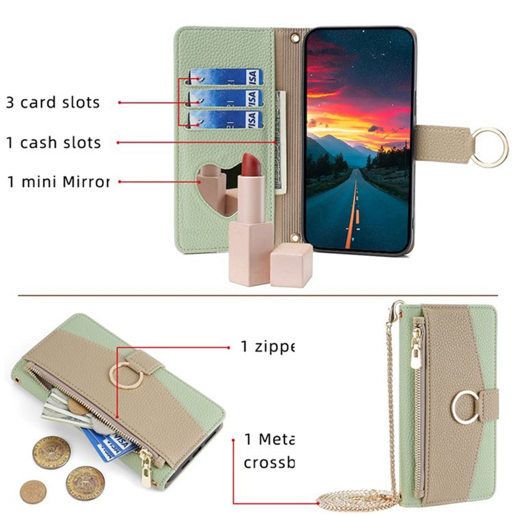 Galaxy S22 Ultra 5G Wallet-Hülle – Litschi-Textur, mit Spiegel & Kettenschultergurt