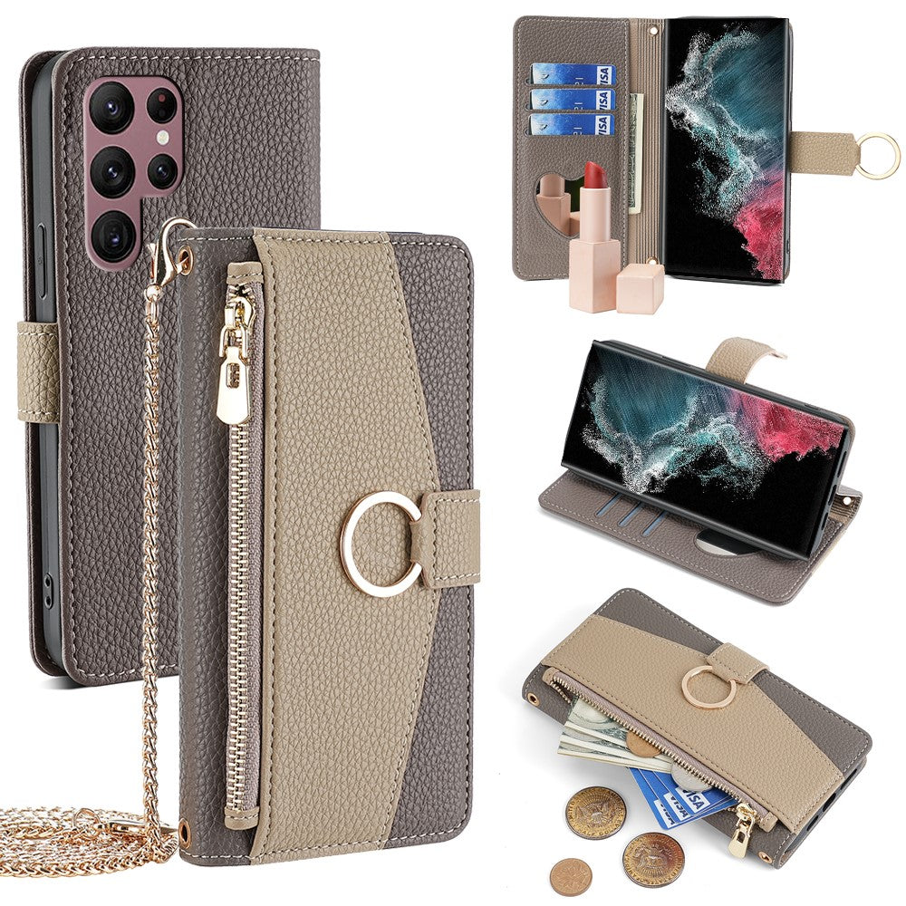 Galaxy S22 Ultra 5G Wallet-Hülle – Litschi-Textur, mit Spiegel & Kettenschultergurt