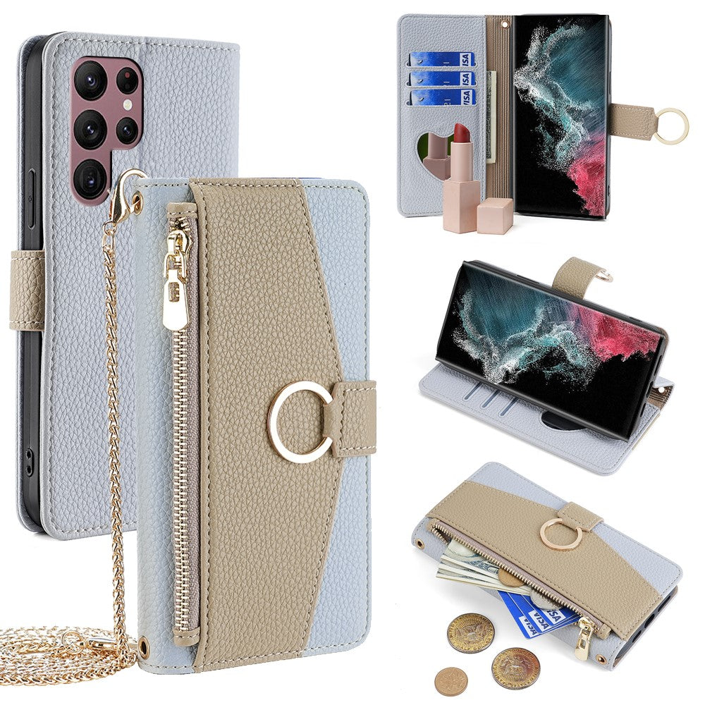 Galaxy S22 Ultra 5G Wallet-Hülle – Litschi-Textur, mit Spiegel & Kettenschultergurt