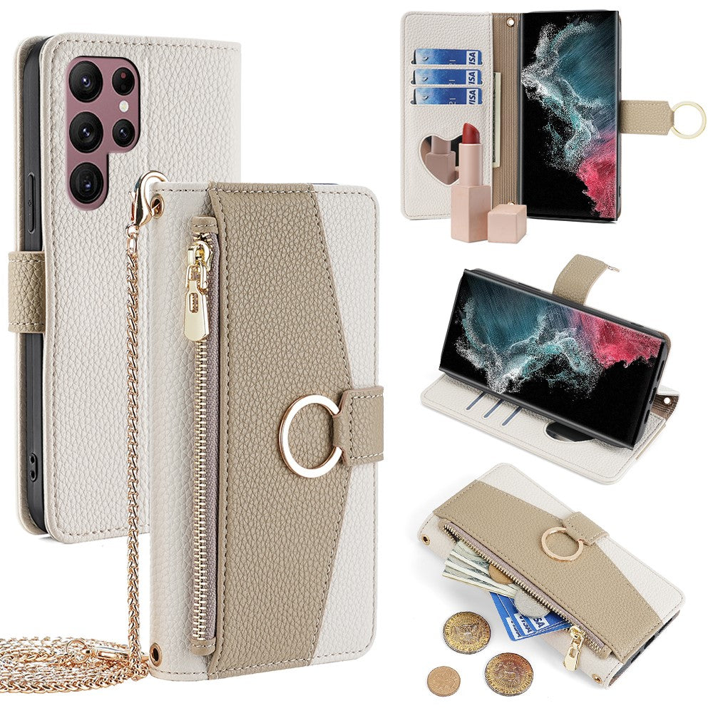 Galaxy S22 Ultra 5G Wallet-Hülle – Litschi-Textur, mit Spiegel & Kettenschultergurt