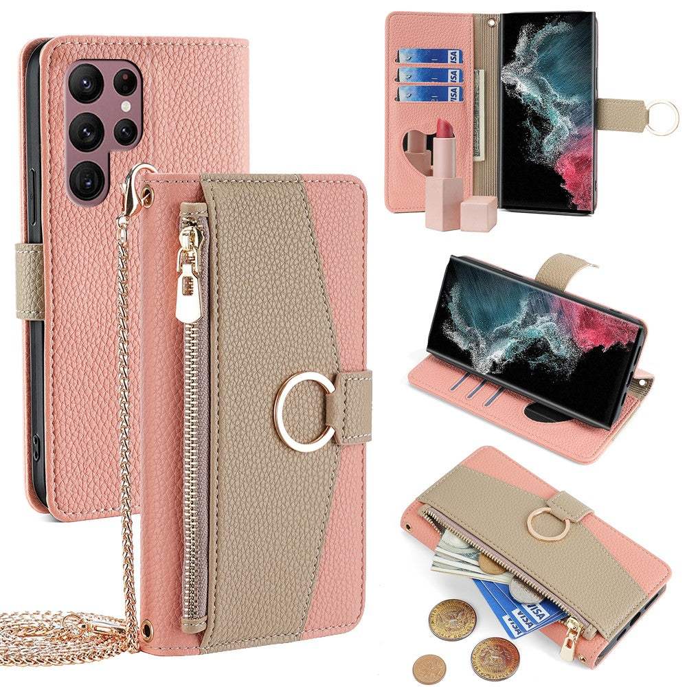 Galaxy S22 Ultra 5G Wallet-Hülle – Litschi-Textur, mit Spiegel & Kettenschultergurt
