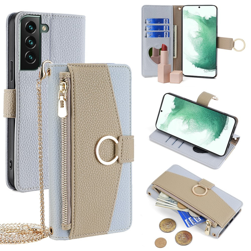 Galaxy S22 Plus 5G Wallet-Hülle – Litschi-Textur, mit Spiegel & Kettenschultergurt