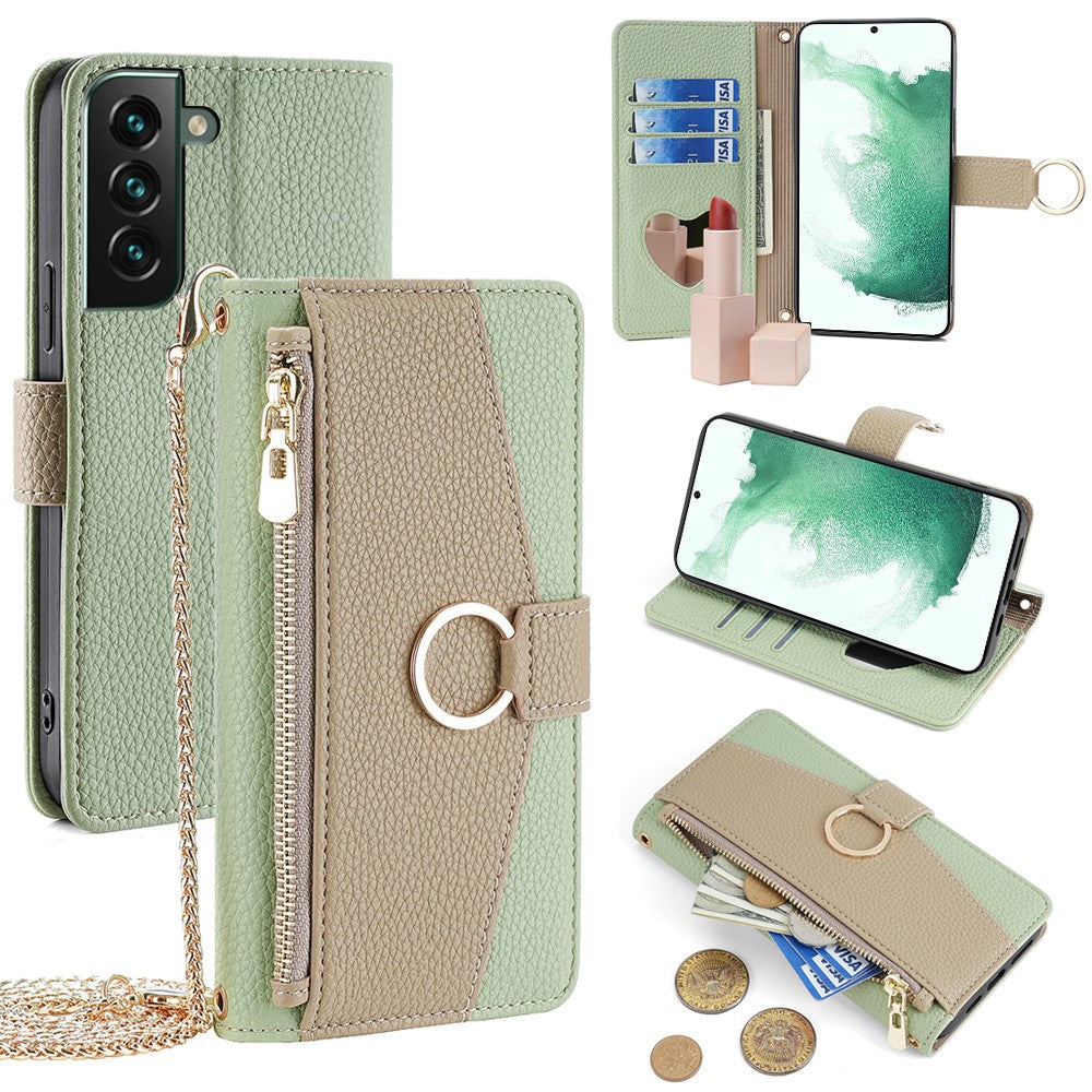 Galaxy S22 Plus 5G Wallet-Hülle – Litschi-Textur, mit Spiegel & Kettenschultergurt