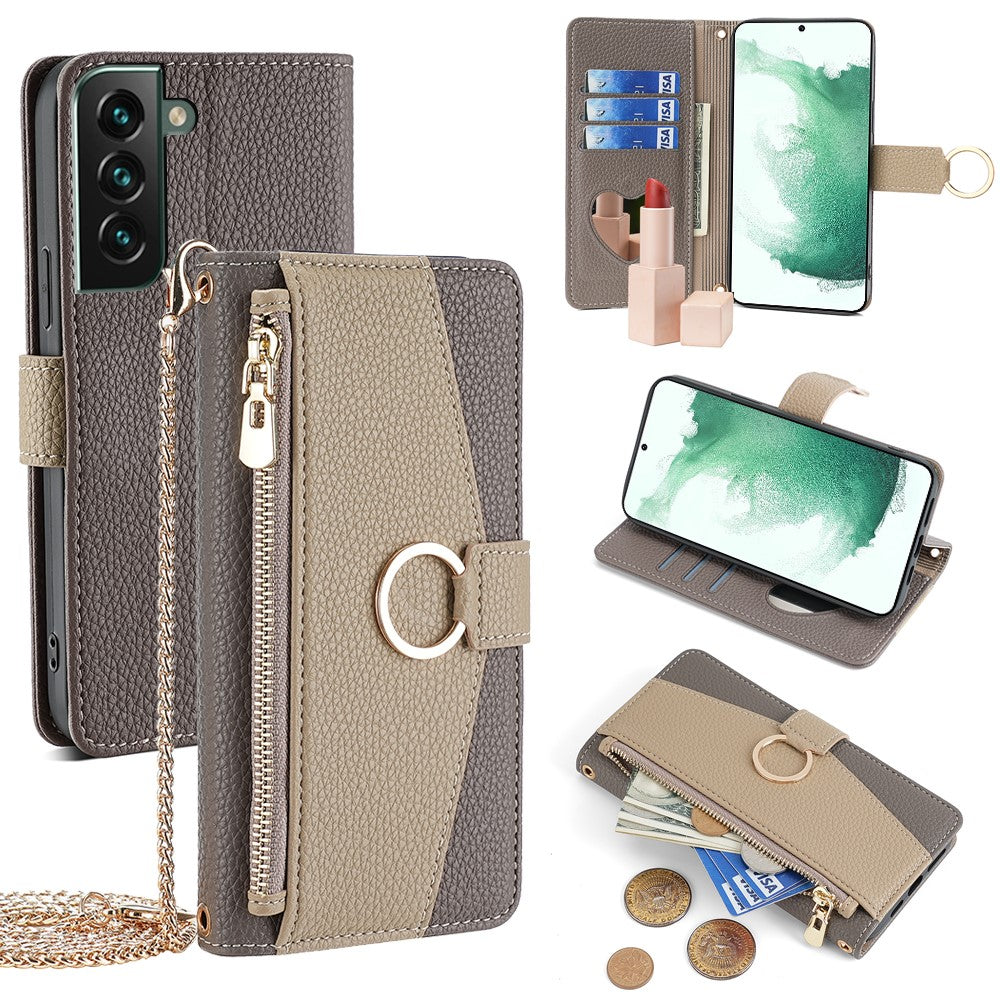 Galaxy S22 Plus 5G Wallet-Hülle – Litschi-Textur, mit Spiegel & Kettenschultergurt