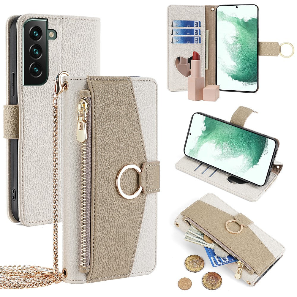 Galaxy S22 Plus 5G Wallet-Hülle – Litschi-Textur, mit Spiegel & Kettenschultergurt