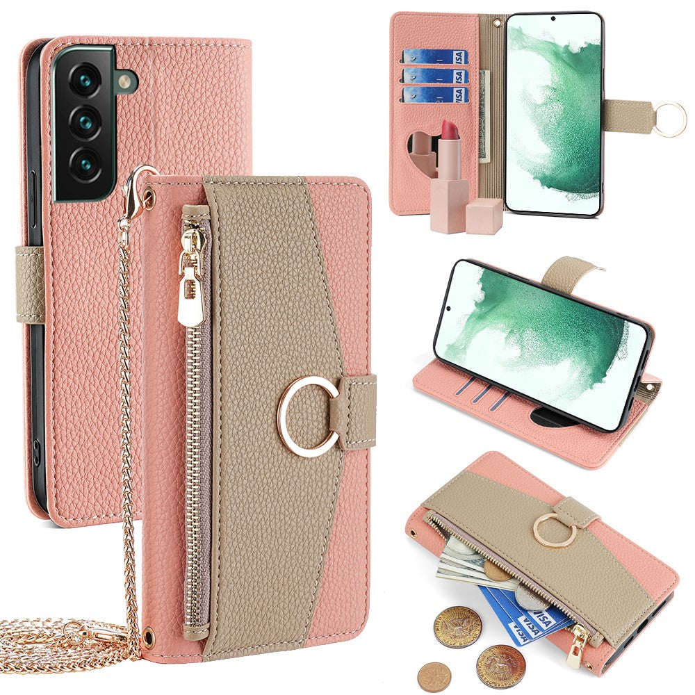Galaxy S22 Plus 5G Wallet-Hülle – Litschi-Textur, mit Spiegel & Kettenschultergurt