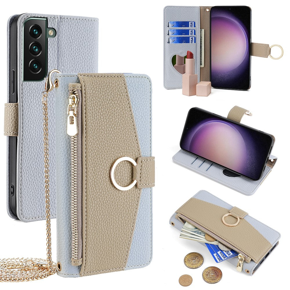 Galaxy S23 FE Wallet-Hülle – Litschi-Textur, mit Spiegel & Kettenschultergurt