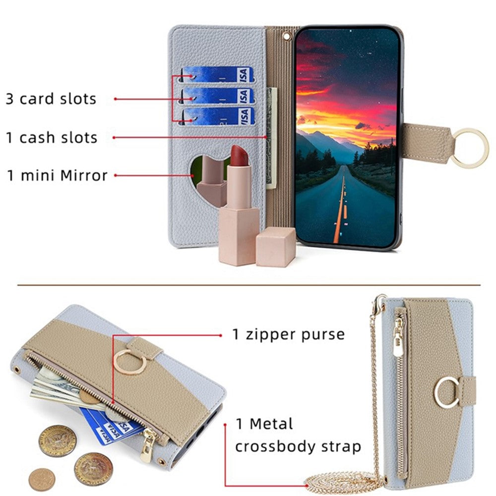 Galaxy S23 FE Wallet-Hülle – Litschi-Textur, mit Spiegel & Kettenschultergurt