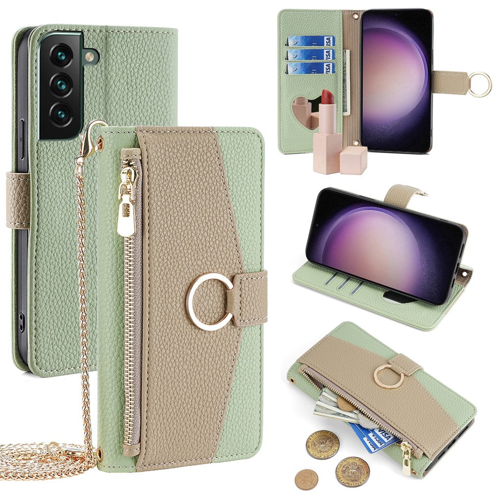 Galaxy S23 FE Wallet-Hülle – Litschi-Textur, mit Spiegel & Kettenschultergurt