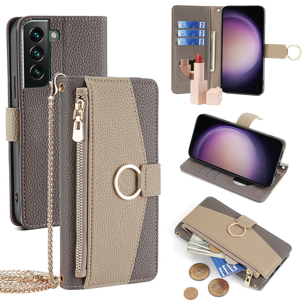 Galaxy S23 FE Wallet-Hülle – Litschi-Textur, mit Spiegel & Kettenschultergurt