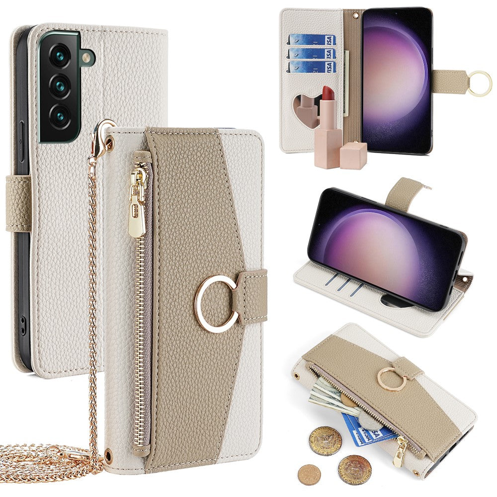Galaxy S23 FE Wallet-Hülle – Litschi-Textur, mit Spiegel & Kettenschultergurt