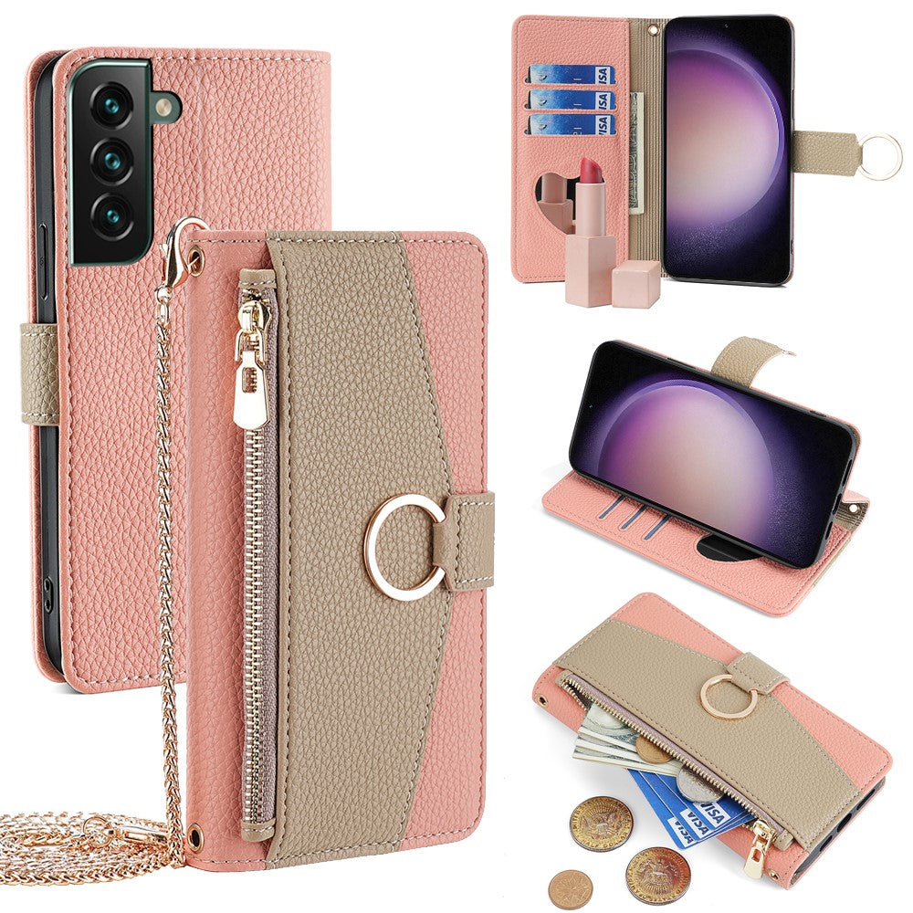 Galaxy S23 FE Wallet-Hülle – Litschi-Textur, mit Spiegel & Kettenschultergurt