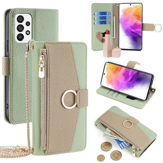 Galaxy A73 5G Wallet-Hülle – Litschi-Textur, mit Spiegel & Kettenschultergurt