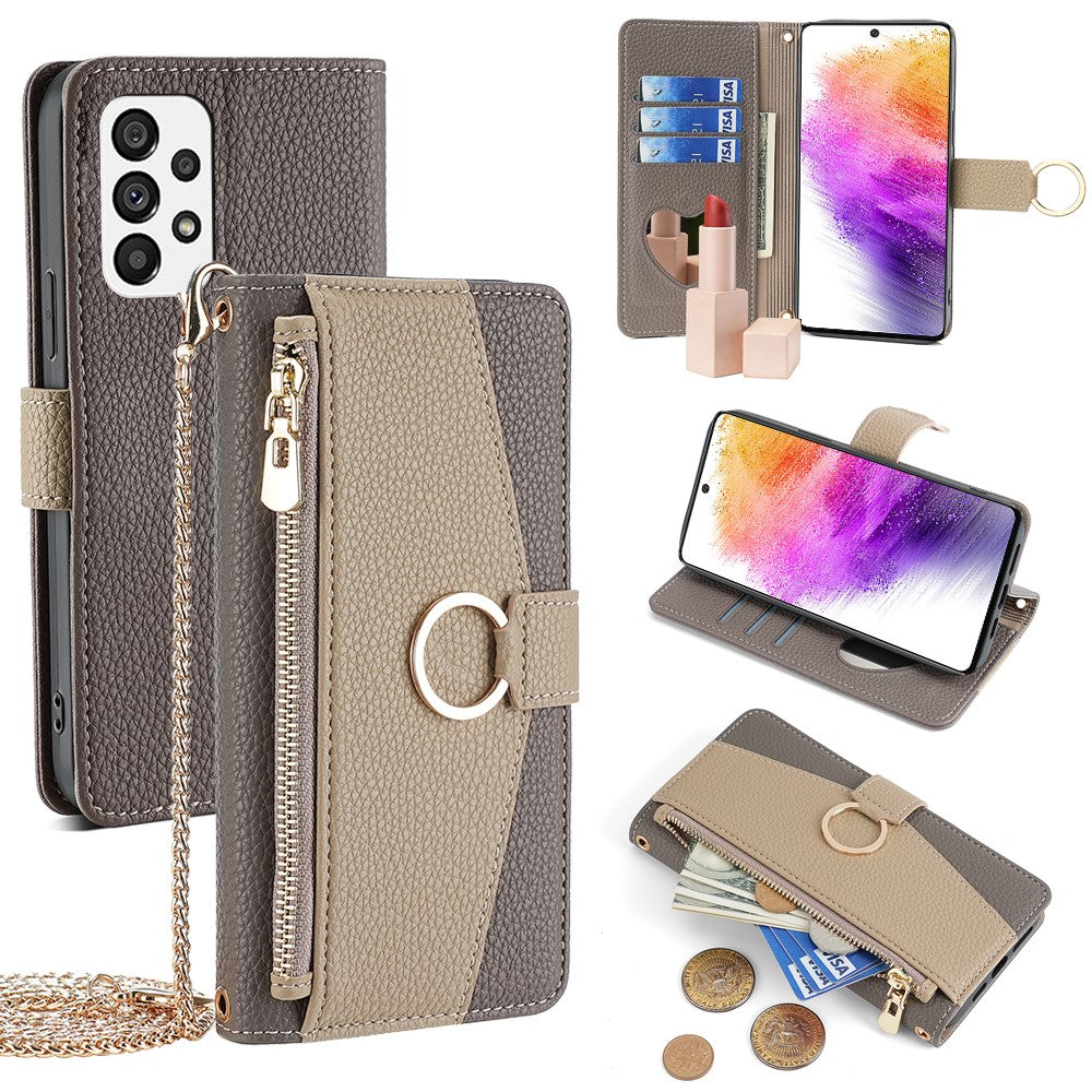 Galaxy A73 5G Wallet-Hülle – Litschi-Textur, mit Spiegel & Kettenschultergurt