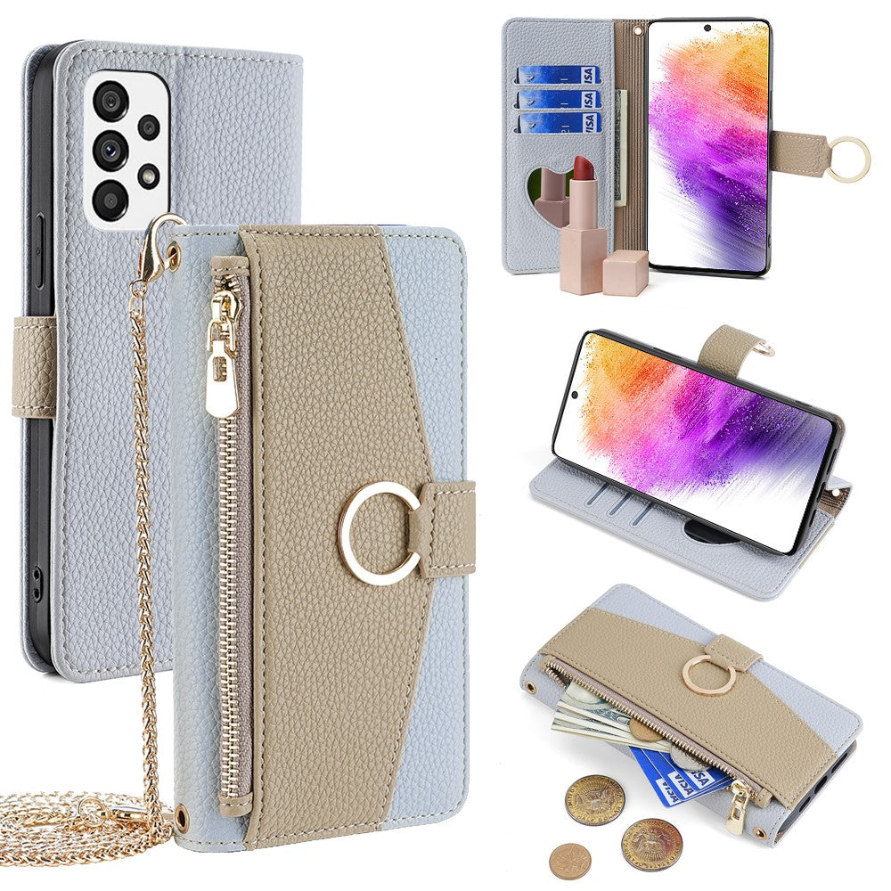Galaxy A73 5G Wallet-Hülle – Litschi-Textur, mit Spiegel & Kettenschultergurt
